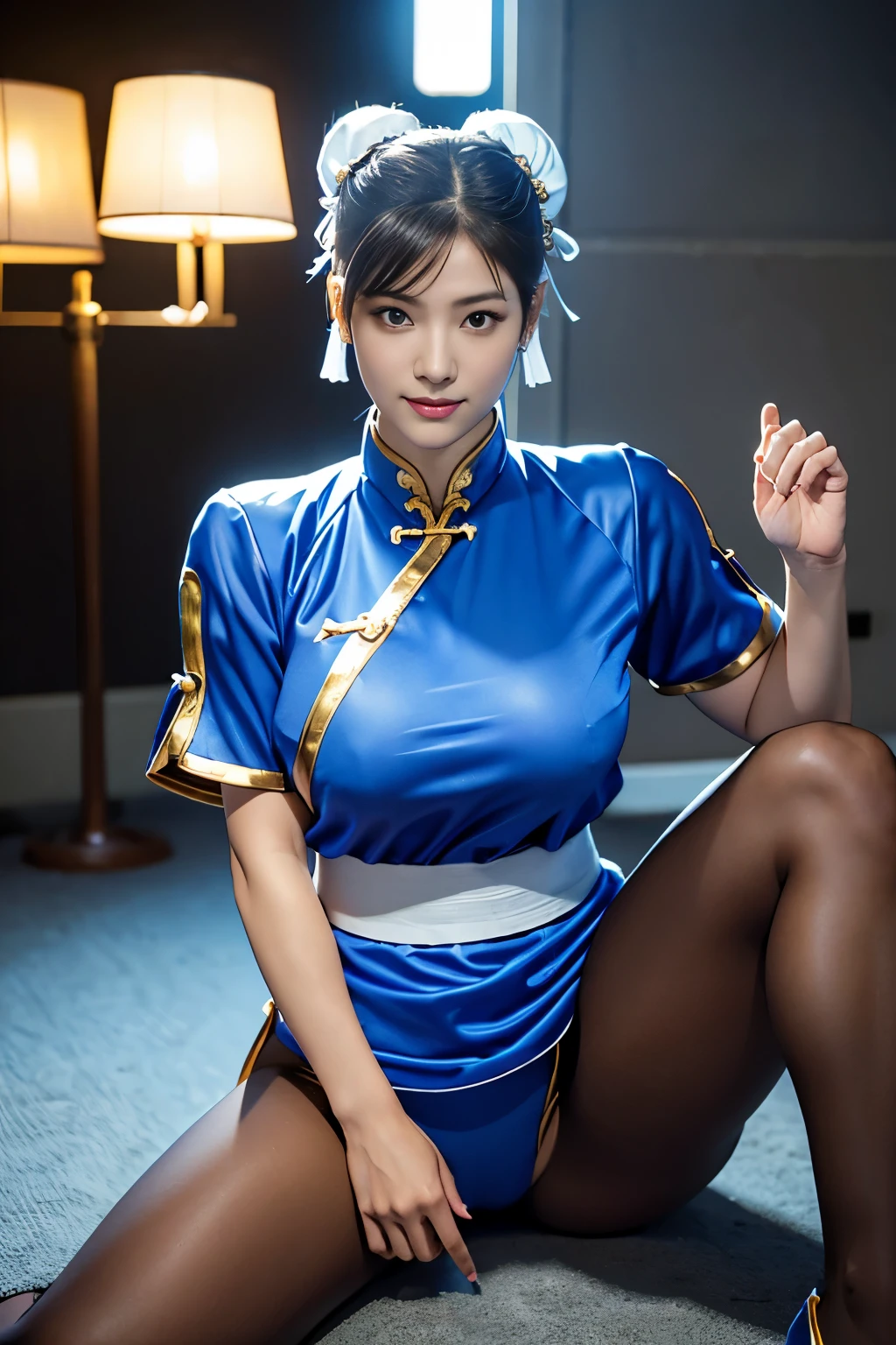Chun-Li from Street Fight II,perfect chun li costume,blue cheongsam with gold lines,Bun head,Good cover,fighting pose,ハイkick,kick、raise your legs,masterpiece、1 beautiful girl、fine eyes、puffy eyes、highest quality, 超High resolution, (reality: 1.4), movie lighting、super beautiful、beautiful skin、body turns forward、(超reality的な)、(High resolution)、(8K)、(very detailed)、(美しくfine eyes)、(Super detailed)、 (wall-)、detailed face、bright lighting、professional lighting、looking at the viewer、Look straight ahead、slanted bangasterpiece, highest quality, masterpiece, highest quality, perfect face, perfect brown eyes with white sclera, Bad move - 5, alone, 1 girl, Upper body, brown hair, From SF2, Chinese service, smile, muscular woman, blue clothes, pantyhose, pelvic curtain, Plump short sleeves, Good cover, sash, evaluation:safety