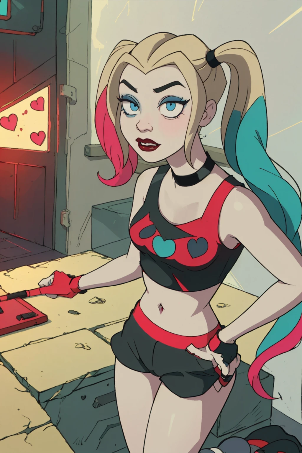 (Harley Quinn, harleyquinn:1.0), blonde pigtails with blue and pink ends, blue eyes, red lipstick, pink and blue eye shadow, heart on cheek, (half red and black crop top tank top, red and black underwear:1.2), sneakers with pom pom, black necklace, pale white skin, (full-body-shot:1), (Cowboy-shot:1.2),neon lighting, dark romantic lighting, (highly detailed:1.2),(detailed face:1.2), (gradients), colorful, detailed eyes, (detailed landscape:1.2), (natural lighting:1.2),(detailed background),detailed landscape, (cute pose:1.2), 