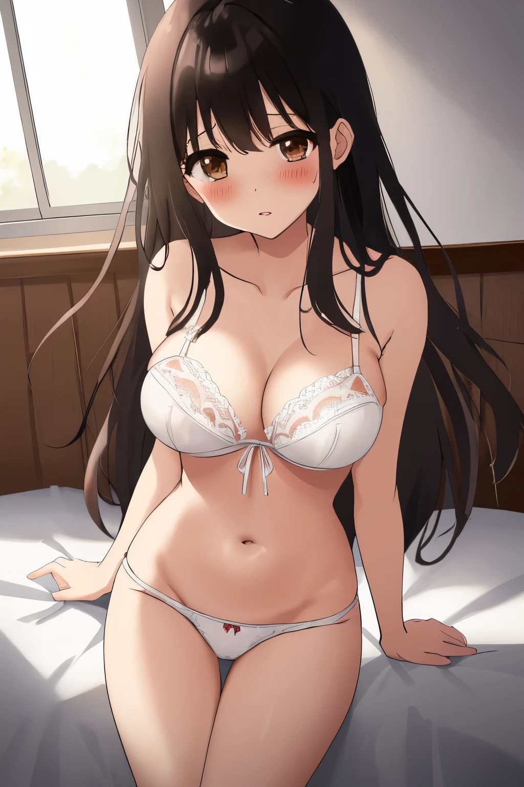 white bra naked White string panties big breasts blush embarrassing anxiety black hair long hair slender sex brown eyes School