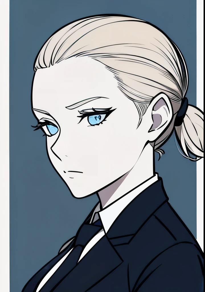 One Young Adult female, pale blonde slicked back into a short ponytail with a single bang on the left hand side, steel blue eyes, light and carefree expression, wearing black suit jacket and tie, portrait style, facing forwards
