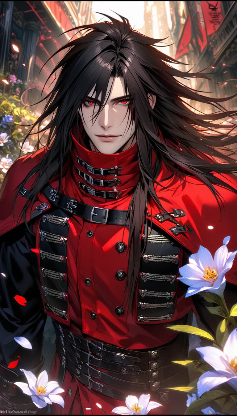 Ultra detailed, Highres, absurdres, HDR, Vincent Valentine, red eyes, black hair, Final Fantasy VII Dirge Of Cerberus, handsome, 1 man only, very detailed face and eyes, flowers and petals