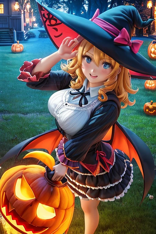 in group photograph, Two Adult Women(Rhizomuse:1.2, Hugging from behind), (2females, pair:1.2), Downtown at night、cozy wallpaper, trick or treat, Halloween, jack-o-lanterns, Basket with lots of candy, ((Highly detailed witch costumes:1.2, robe, Witch's Pointing Hat:1.1)), (Vampire costume:1.2), ((Dark Clight Medium Shorthair:1.25, Upstyle, Wavy Hair)), plein air, on the park, (Blurry background, Bokeh), (in night:1.2), ((Ultra High Resolution, 8k RAW photo, photographrealistic:1.2)), Fine detailed face, Beautiful detailed eyes, Super detailed smooth skin, (Looking away, Laughing, Surprising:1.2), ((SFW:1.25)), (Correct anatomy:1.5), (Dutch Angle, Wide Shot:1.3, From  above),