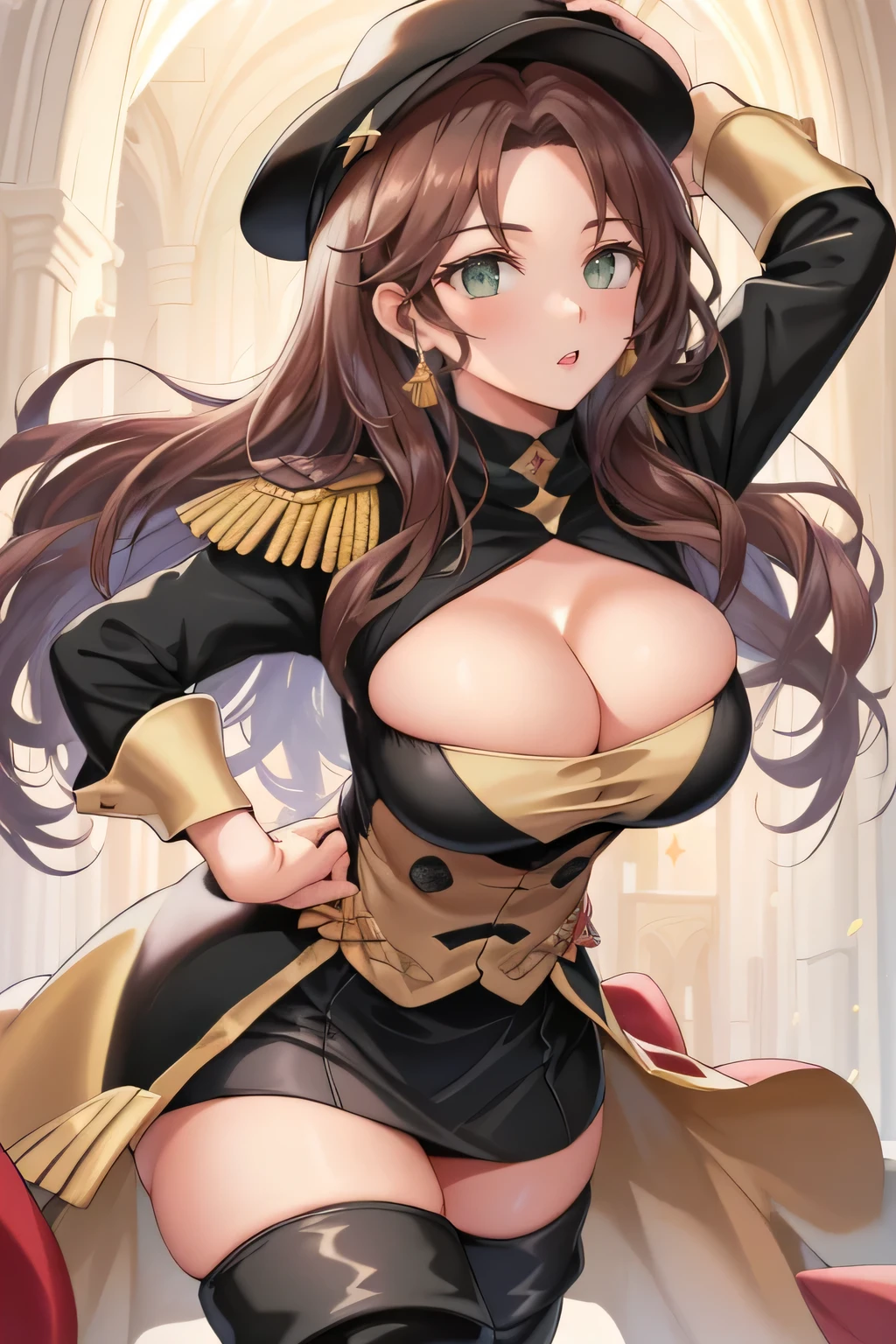 masterpiece, highest quality, Dorothea, taxi hat, collar, black jacket, cleavage, black skirt, thigh high boots, ((Inside the medieval cathedral)), Stretching clothes, mature woman, Thigh clothes, explode, ((Thick thighs and face, ((huge breasts:1.3)), high ceiling, Overflowing