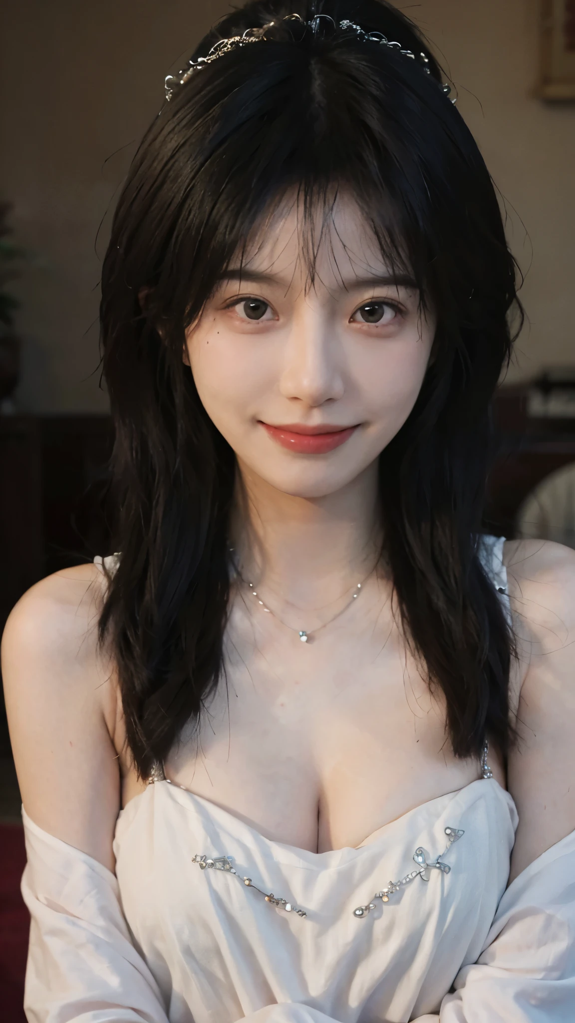 best quality, ultra high resolution, (realistically:1.4),cute hairpin,Baoyu Girl,Standing in the wedding hall,(flat chest:1.2) ,A pair of clear and charming peach blossom eyes,Royal sister,The sun shines on the face,Big wavy hairstyle,(necklace:1.2),(White skin:1.4),a sense of atmosphere,a beautiful girl, Smile,Looking directly at the viewer, Close-up cleavage ,(lifelike:1.4),1 girl,Sexy,(Upper body:1.4),(wet),(:1.2)