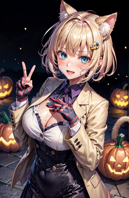 woman,************,,city,night,(((Beige blazer school uniform))),open mouth smile, ((There are two stray hairs coming out of my head.)), ((人の形をしたクッキーのhair ornaments)), ((baby girl body shape)), 1 girl, Artoria Pendragon,destiny,aphrodisiac,Lie,Things to know,full of sweat,Wet Area, Areol, defenseless,embarrassing,please be shy,Knead the milk,Emphasis on milk,Len,breast milk, Knight King,Noble,ring,既婚woman, Pointing straight up, (highest quality:1.1), (masterpiece:1.4), (absurd:1.0), Portrait, Close-up, 1 girl、Momoberia Deviluke、hair ornaments、Beautiful bob cut、beautiful short hair、emerald blue eyeedium chest、looking at the viewer、(blush:1.2)、embarrassed look、Mesh pantyhose、black background、long gloves、((Pumpkin lantern)), Striped pattern, ((Has a troubled look)), ((cat pose)),