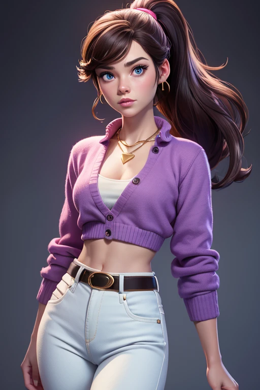 Kitty Pryde with a dark brown ponytail hair, big blue eyes, very small breasts, belt, cotton cream top and open pink cotton sweater jacket on top!, gold necklace, low-rise blue denim pants, slim body, covered navel, cropped legs, cotton, front view!, white background, realistic colors, front view, light coming from the right, 8K image quality, Masterpiece