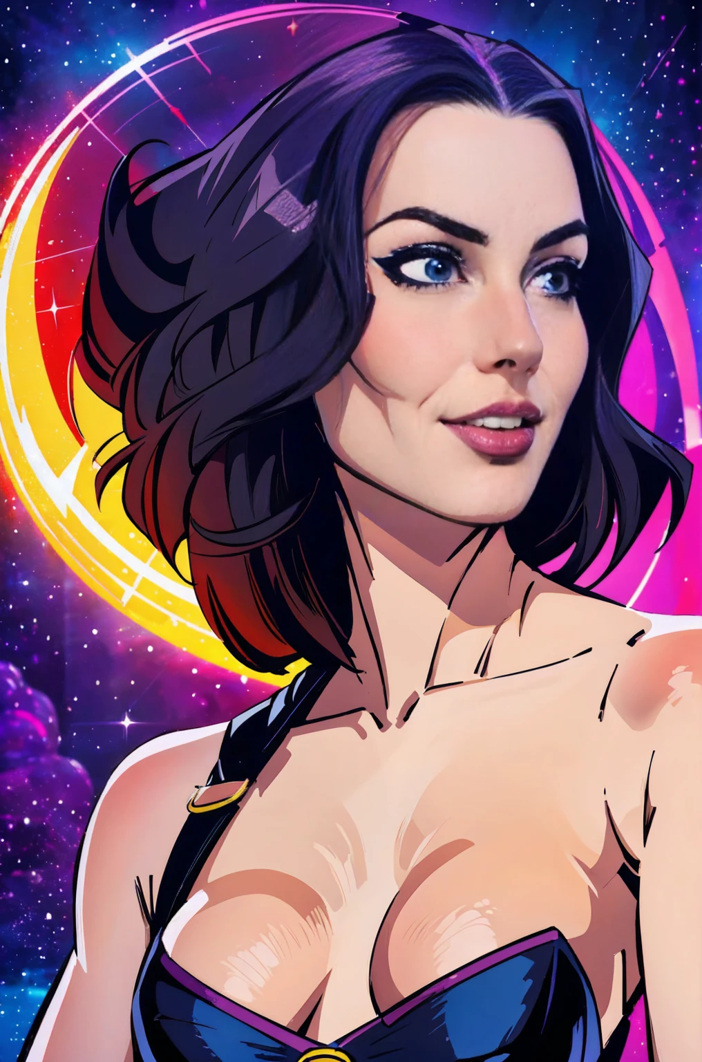 image of a sexy, sensual style enjinight as raven in bright colors realistic retro art style, vector for t-shirt print, dynamic background, universe themed witch style, with raven designs, upper body