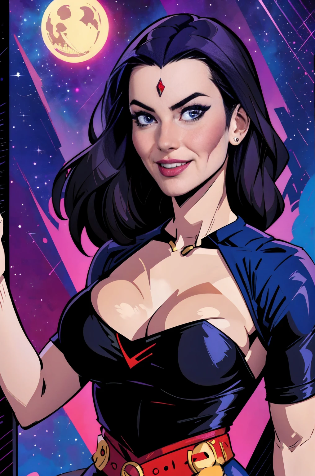 image of a sexy, sensual style enjinight as raven in bright colors realistic retro art style, vector for t-shirt print, dynamic background, universe themed witch style, with raven designs, upper body