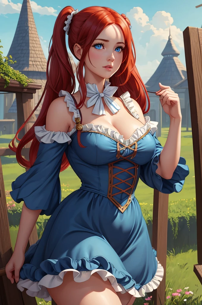 Cute Farmgirl With Pigtails. ((Red Haired Woman, Hairlong)), Perfectly Round Face. Beautiful Cute Face, Big Beautiful Voluptuous Lips, Charming Beauty, ((Kind Expression On His Face)), ((Big Beautiful Detailed Blue Eyes)), Thin Waist, Wide Hips ((Frilly Dark Blue Dress,)) (Higly Detailed)),Official Art, Award Winning Digital Painting, Digital Illustration, Extreme Detail, 4k, Ultra Hd, Rococo, Polished, Intricate, Realistic Fantasy Art, Sharp Focus, Concept Art, Art By Wlop, Artgerm, (2d Vector Illustration) Light, Airy, HourGlass Figure. Ellie Bamber
