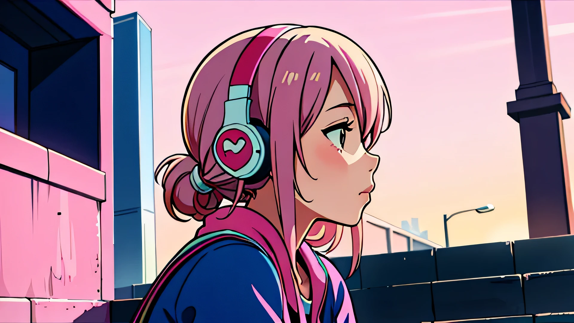 City Pop, girl, Pink Hair, alone, wearing headphones, pink background, medium shot, Shrine precinct, sitting on the stairs