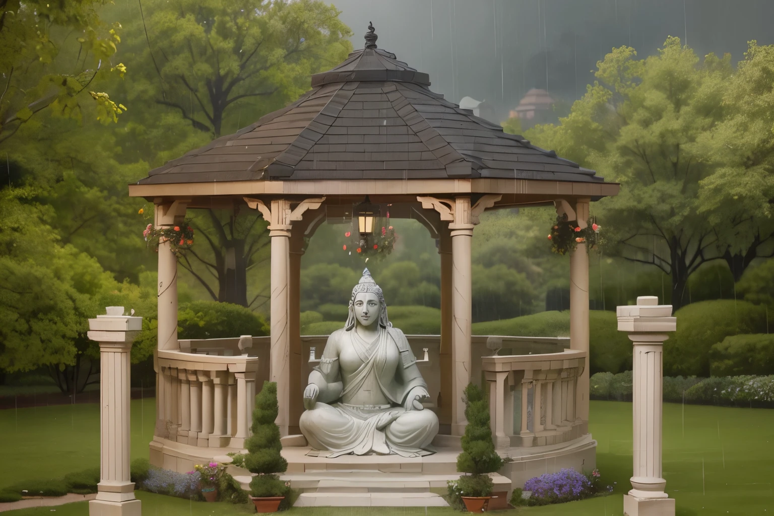 an outdoor cozy gazebo at a rainy cloudy day, two roman pillars with candle, a shiva statue in the center (do it detailed) in a cozy rainy day ( do it better, more detailed objects)