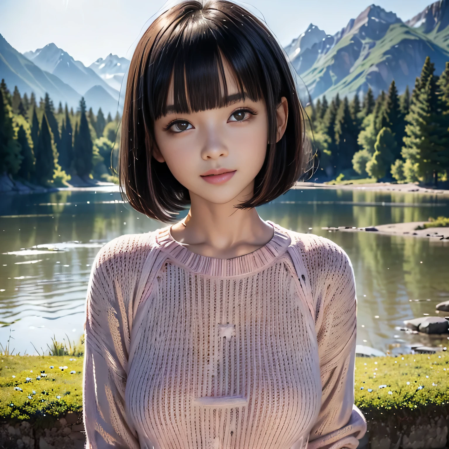 (pink one piece knit sweater),((1girl,cute,young,bob cut beautiful black hair,blunt bangs,beautiful eyes)),(solo), ((realistic:1.5,Beautiful girl RAW photo)),(looking at the viewer), innocent smile,cinematic lighting and pause,beautiful natural park,lake and mountains,flowers,trees,night sky,full moon,shooting star