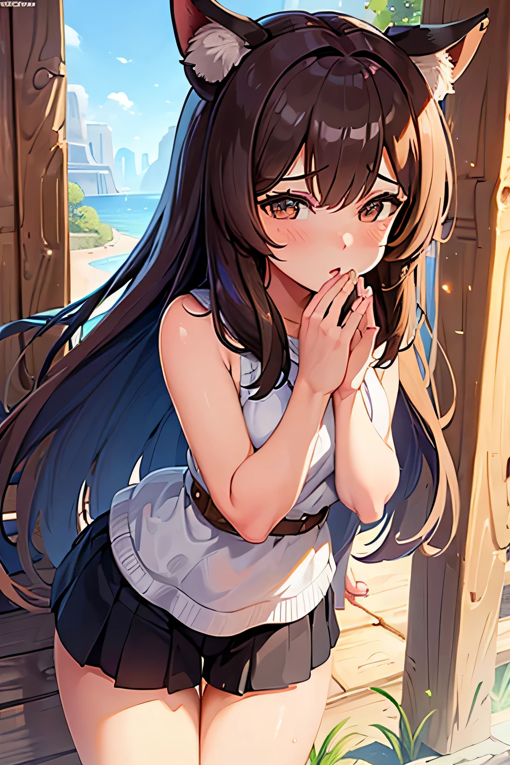 woman with brown hair and wolf ears, brown eyes, tetas ricas, mojada, cara enojada