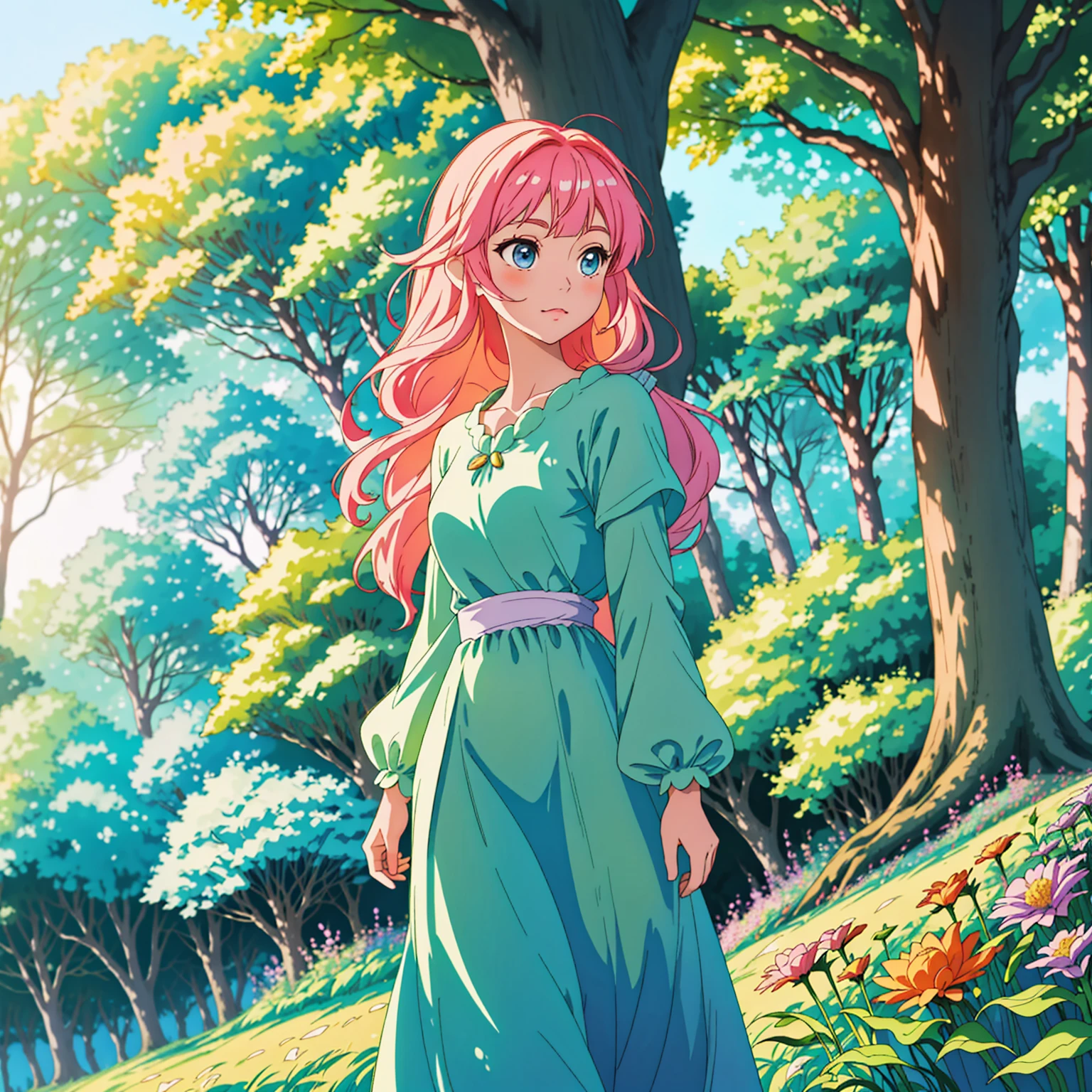 High 8K resolution, capturing details clearly. Studio Ghibli style scene, with a fusion of anime artistic style, whimsy and impressionism. | A dazzlingly beautiful princess walking in a lush forest, her flowing hair has pastel tones. Her face shows a mixture of curiosity and admiration. She wears an elegant, flowing dress, adorned with intricate floral patterns. | The setting is a lush and vibrant fantasy world forest, in the foreground there are colorful flowers, in the midground there are fruits on tall trees, leaves illuminated by the sun creating a soft and ethereal glow. | The scene is composed in a medium shot, highlighting the beauty of the princess, her dress and the magical environment of the forest. The angle is subtly angled to add a touch of charm. | The soft natural light filtered through the trees adds an ethereal quality to the scene, enhancing the beauty of the princess and creating a magical atmosphere. | A princess walking in a fantastic forest.