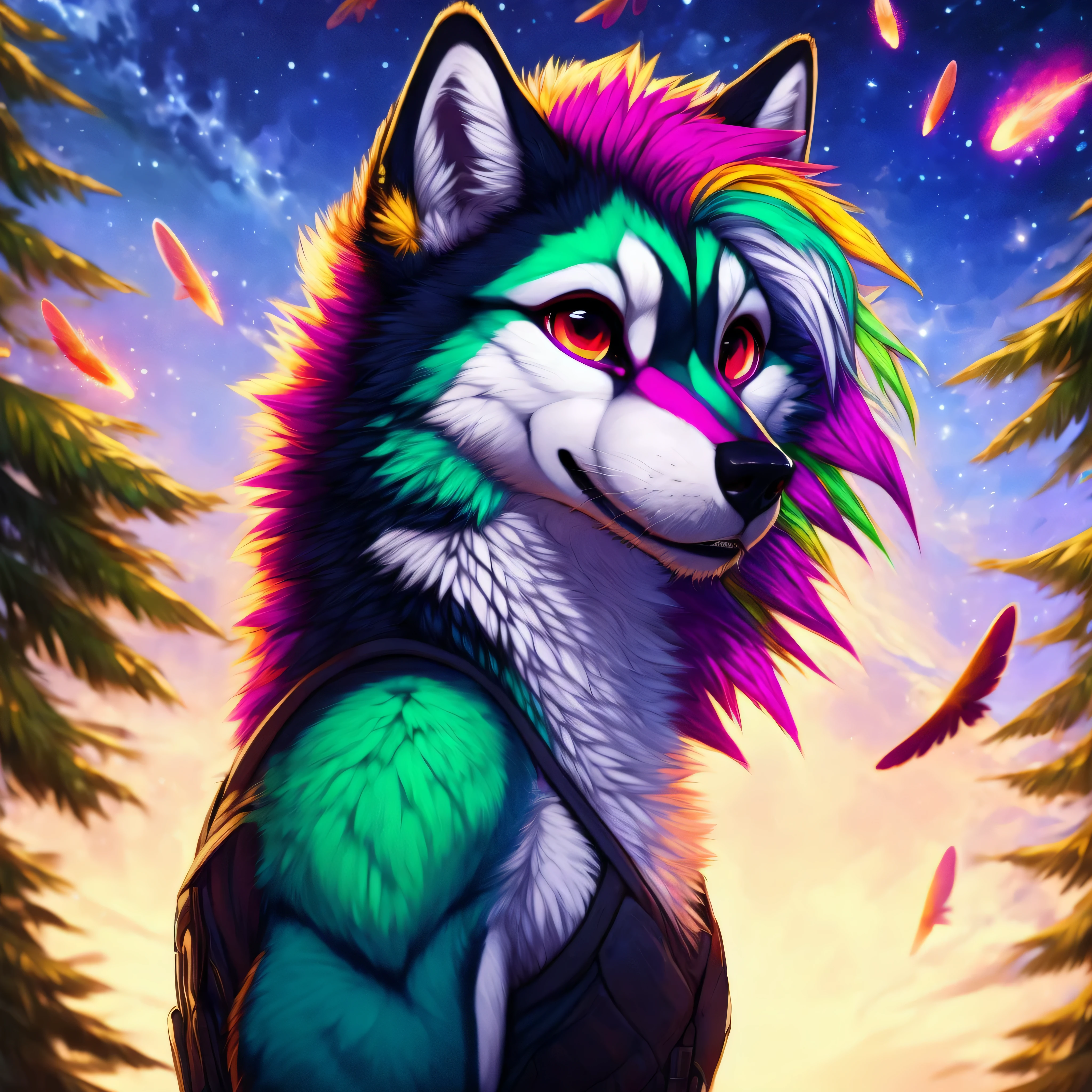 uploaded on e621, (by purplelemons, by kiyosan, by prsmrti, by hioshiru), (solo, female, silver fox, whiskers), (long hair, teal hair), (long tail, fluffy tail), (black sclera:1.3), (red eyes, glowing eyes), ((small breasts)), (muscular:1.3), white fur, (side view), (looking up:2), (breath cloud:1.1), BREAK, ((starry dark sky with galaxies)), ((blue moon)), ((the forest illuminated by the night moonlight)), ((fireflies around the character)), broken glass effect, iridescent and luminescent scales, breathtaking beauty, pure perfection, divine presence, volumetric light, rays, vivid colors reflects, absurd res, rich deep colors, masterpiece, (sharp focus:1.5), energy, light aura, varies multi etc. --v 6 --s 1000 --c 20 --q 5 --chaos 100