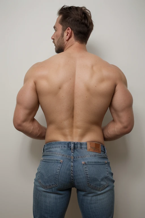 An impressive realistic photo of a large, muscular, hairy and masculine man, short hair, 40 years old, full body,   facing the camera, mustache beard, naked formal silver metalic tigth jeans,   bubble butt, on his back, backside Bent over 