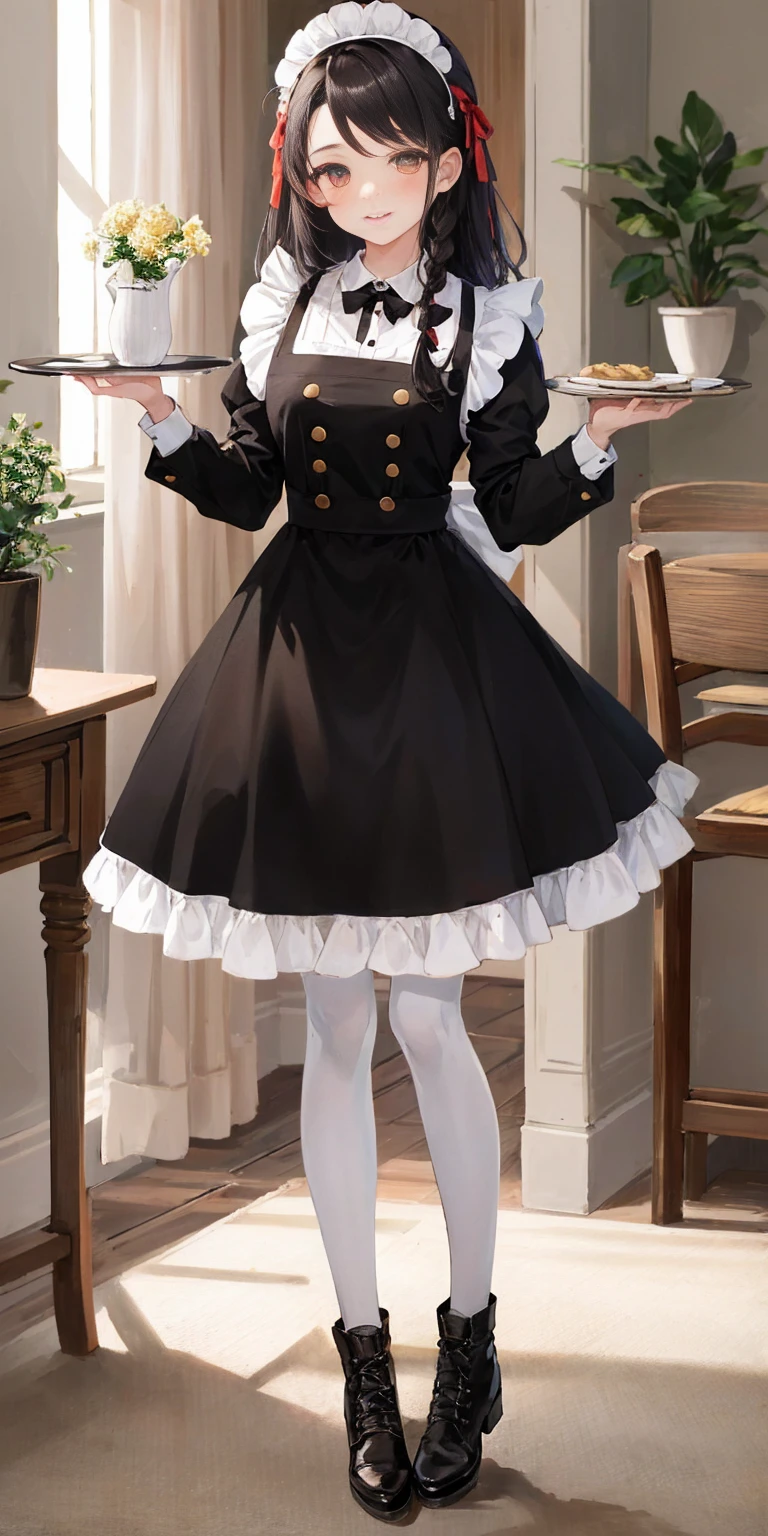 masterpiece full body standing straight symmetrical, lustful smirking smile face red blush red cheeks, looking at viewer, holding a tray, braid, maid headdress, maid, dress, apron, long sleeves, brown pantyhose, long leather militar boots, thighs, long white hair