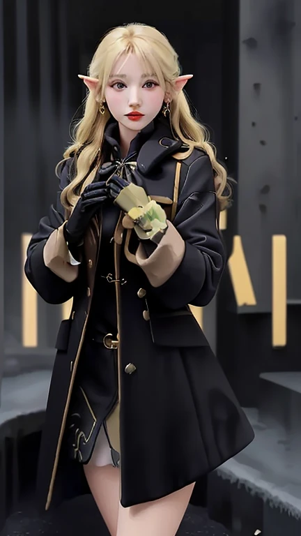A woman with blonde hair and elf earings dressed in a black coat and gloves.