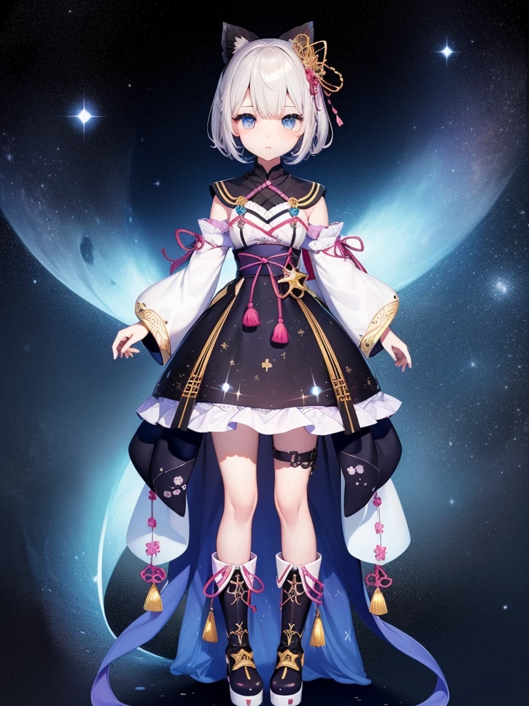 1girl、vtuber-fullbody、8K、Star Fairy、masterpiece、official art、Super detailed、super beautiful、かわいいStar Fairy、white straight short hair、Milky Way、universe、star charm、Star、baby face、Knee-high boots、Japanese pattern dress、浴衣をリメイクした黒と紺色のuniverseを思わせるOiranフリルドレス、universeを思わせるOiranフリルドレス、Oiran