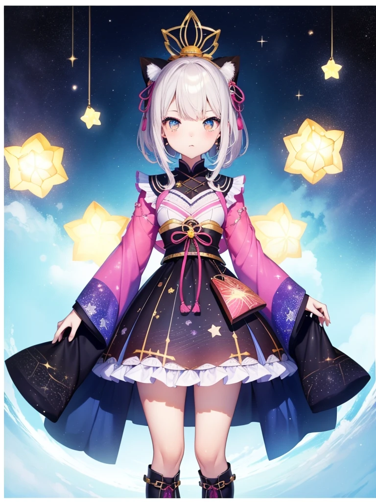 1girl、vtuber-fullbody、8K、Star Fairy、masterpiece、official art、Super detailed、super beautiful、かわいいStar Fairy、white straight short hair、Milky Way、universe、star charm、Star、baby face、Knee-high boots、Japanese pattern dress、浴衣をリメイクした黒と紺色のuniverseを思わせるOiranフリルドレス、universeを思わせるOiranフリルドレス、Oiran