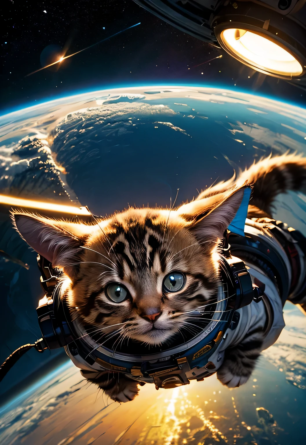 masterpiece、highest quality、highest quality、Cute kitten in spacesuit floating in space、very detailed、Colorful、most detailed、frontage