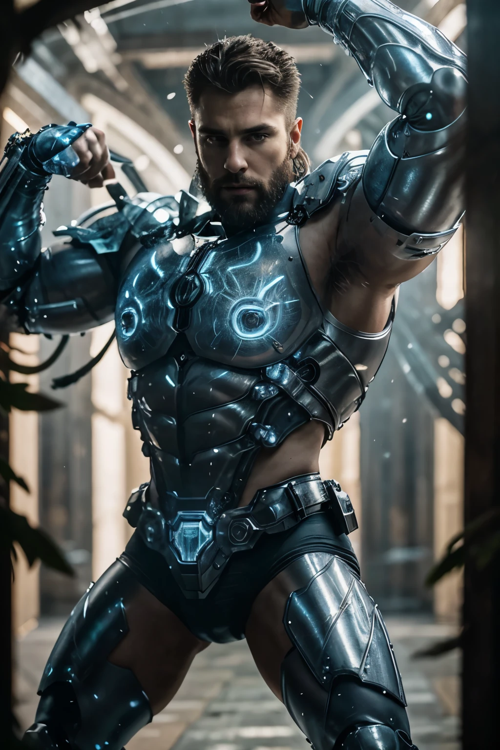 realistic, ((masterpiece)), ((best quality)), (detailed), cinematic, dynamic lighting, soft shadow, detailed background, professional photography, depth of field, intricate, detailed face, subsurface scattering, realistic hair, realistic eyes, muscular, manly, photo of a handsome man, mech4rmor, wearing mechanical paladin armor, glowing, holding shield, dynamic pose, fighting stance,
