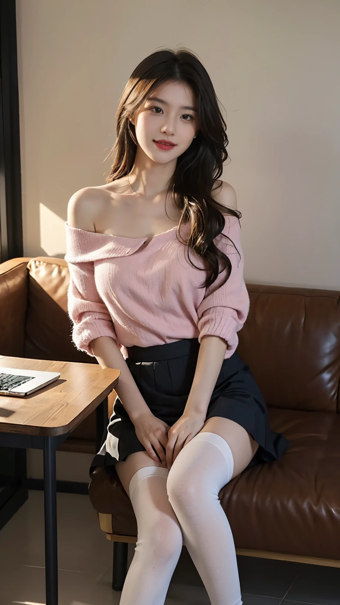 A perfect young female white-collar worker,Chinese big breasts,High picture quality,Works of masters,Black hair,Long hair shawl,Long hair flowing over the shoulders,Beach wave hairstyle,cropped shoulders,clavicle,exquisite face,Hydrated red lips,((Wear colorful and stylish summer sailor suits))(red colour,blue colors,green color,Violet-orange,In pink,amarelo,Printed clothing),Kurfo,,Colorful pleated skirt,Shadow lace skirt,Sparkling gemstone dress,Lightning astral dress,lumnious,white stockings,Lace material,Silk clothing,Real Human,(White interior wall background:1.5),CG rendering,16k,sitting at the table,Holding a laptop in hand,hand typing on laptop keyboard,look ahead,blurred background, (full body shot), Shooting from a distance,eyes look straight into the lens,smiles,Empty interior,Do not show your hands,Close-up shot