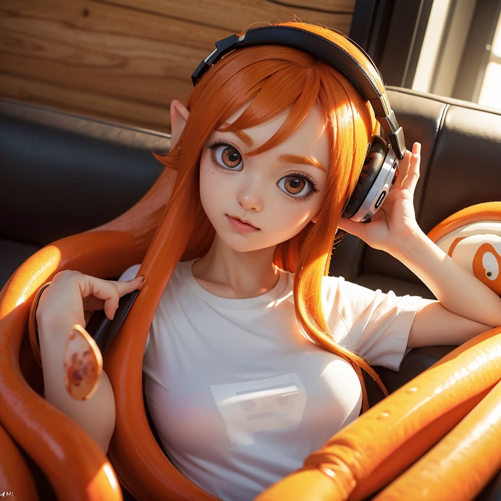 best quality, high quality, very high resolution, ultra detailed, 8k, hyper realistic, beautiful, splatoon inkring, Almond-shaped eyes, headphone, orange color hair, very long hair, white T-shirt, black spats, city, Daylight