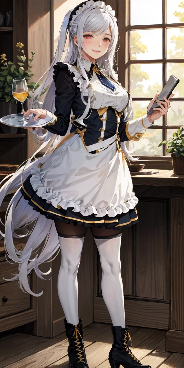 masterpiece full body standing straight symmetrical, lustful smirking smile face red blush red cheeks, looking at viewer, holding a tray, braid, maid headdress, maid, dress, apron, long sleeves, brown pantyhose, long leather military boots thighs, long white hair