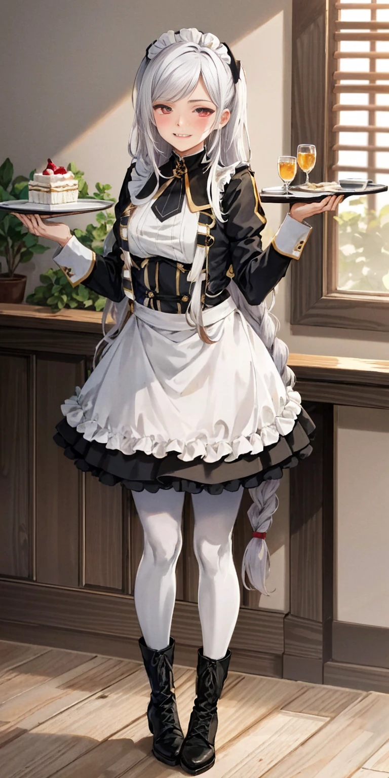 masterpiece full body standing straight symmetrical, lustful smirking smile face red blush red cheeks, looking at viewer, holding a tray, braid, maid headdress, maid, dress, apron, long sleeves, brown pantyhose, long leather military boots thighs, long white hair