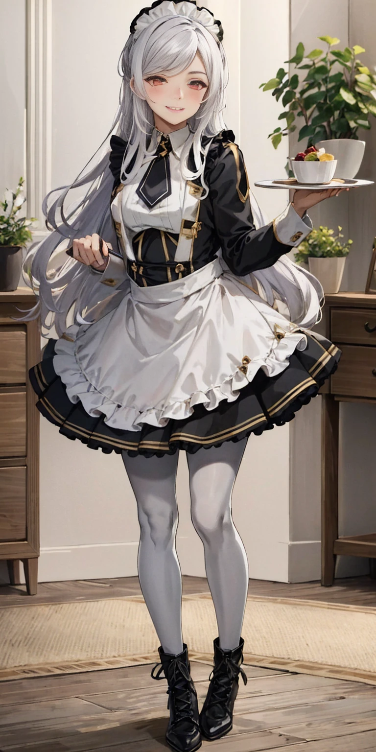 masterpiece full body standing straight symmetrical, lustful smirking smile face red blush red cheeks, looking at viewer, holding a tray, braid, maid headdress, maid, dress, apron, long sleeves, brown pantyhose, long leather military boots thighs, long white hair