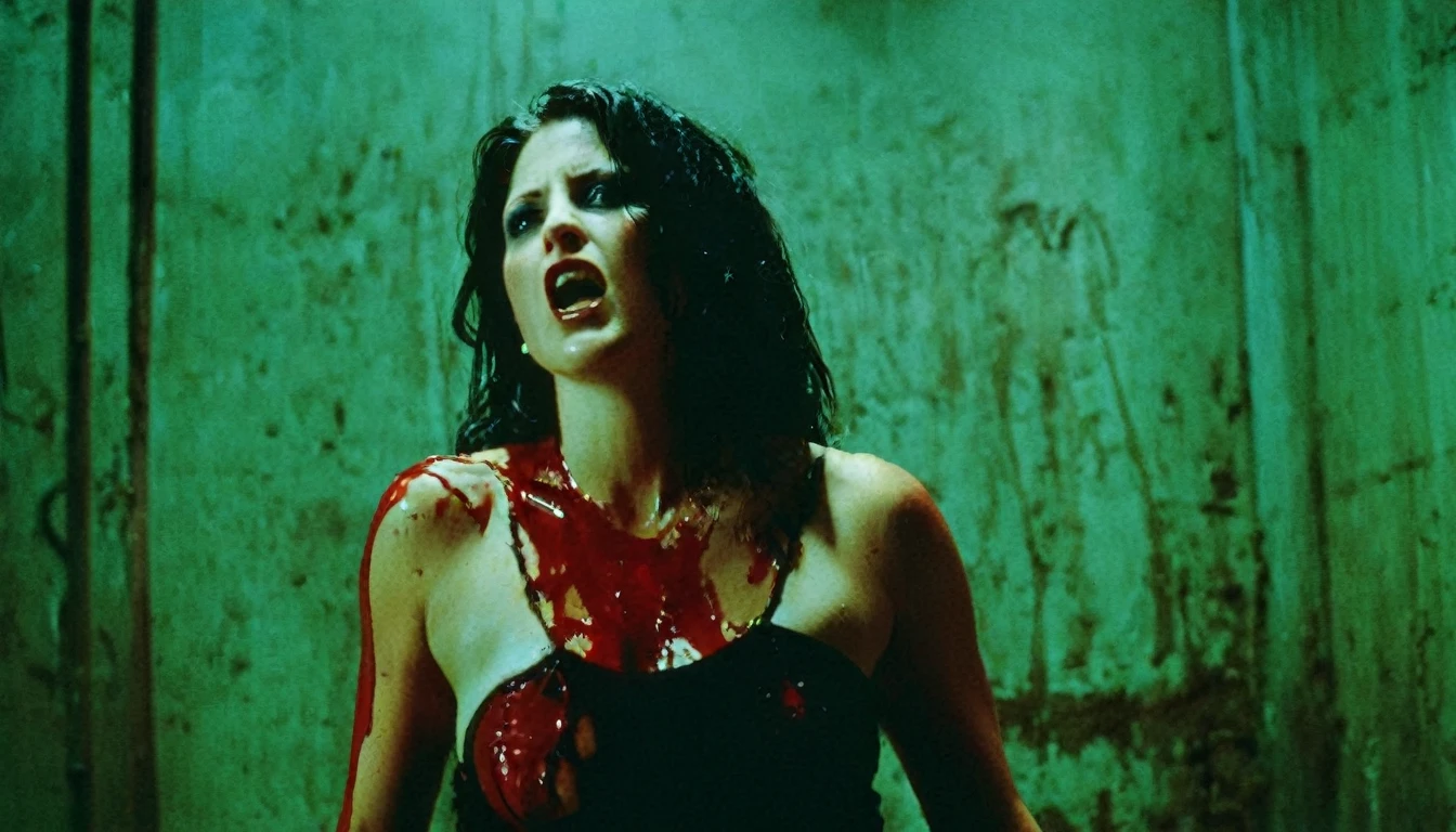 By Jennifer Rubell, horror, dark, grunge, gritty, thought provoking, an attractive woman, dramatic action shot, award winning, Truth cinema , film grain, photo taken with provia, shot on Cinestill 800T 35mm