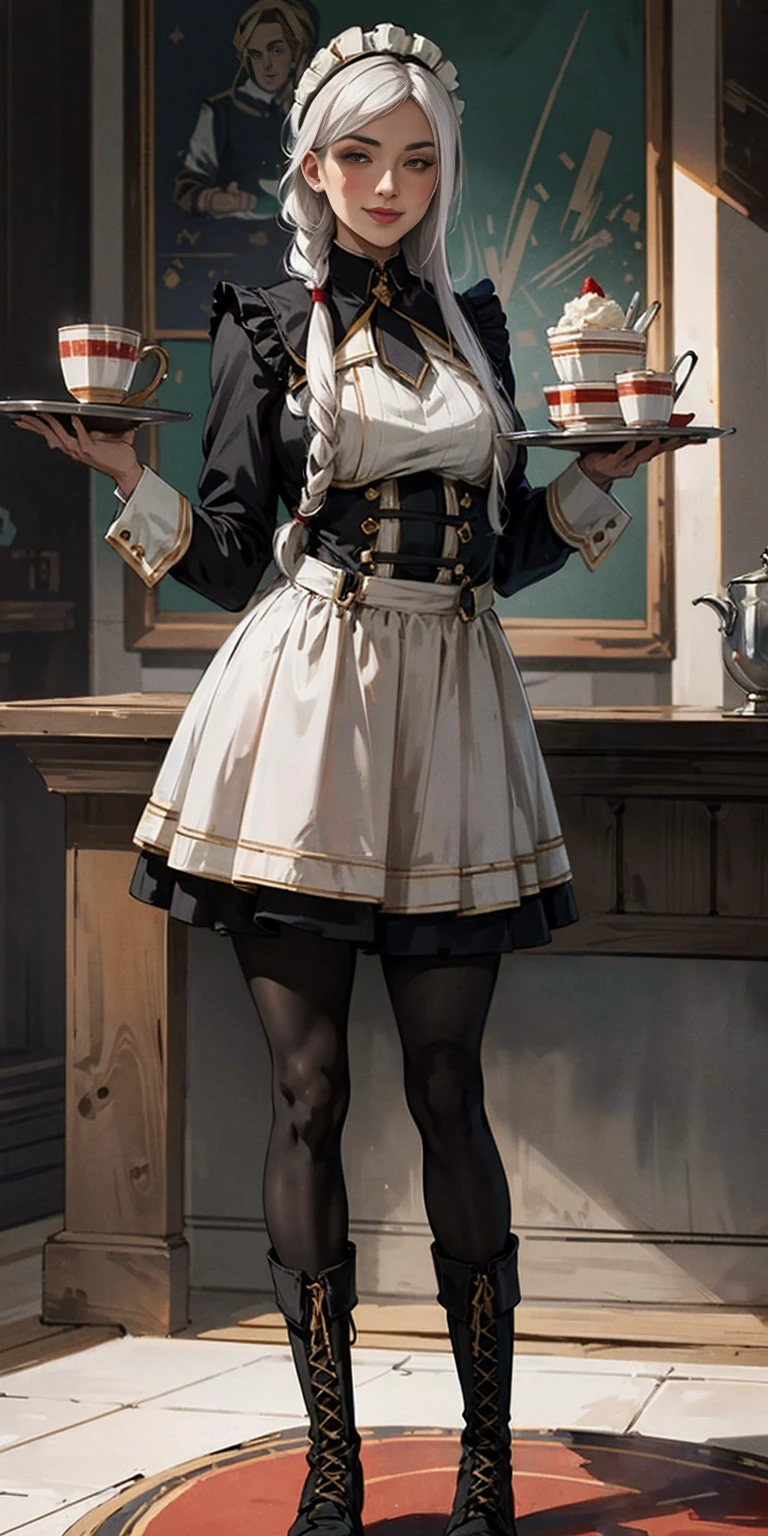 masterpiece full body standing straight symmetrical, lustful smirking smile face red blush red cheeks, looking at viewer, holding a tray, braid, maid headdress, maid, dress, apron, long sleeves, brown pantyhose, long leather military boots thighs, long white hair