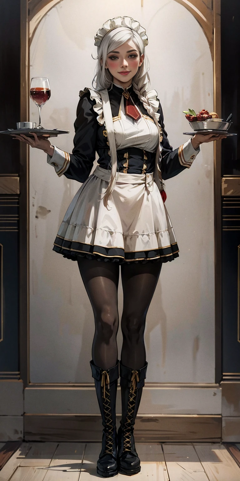 masterpiece full body standing straight symmetrical, lustful smirking smile face red blush red cheeks, looking at viewer, holding a tray, braid, maid headdress, maid, dress, apron, long sleeves, brown pantyhose, long leather military boots thighs, long white hair