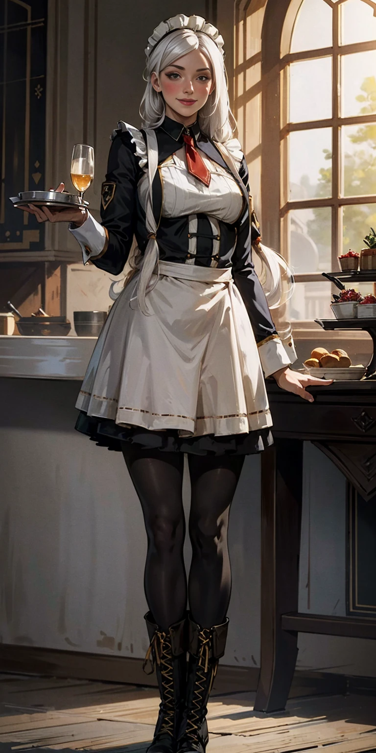 masterpiece full body standing straight symmetrical, lustful smirking smile face red blush red cheeks, looking at viewer, holding a tray, braid, maid headdress, maid, dress, apron, long sleeves, brown pantyhose, long leather military boots thighs, long white hair