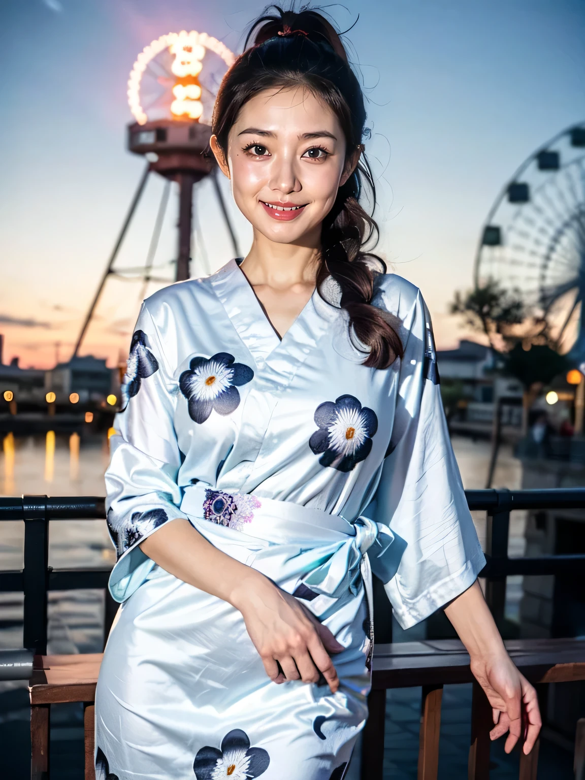 Wearing white flower pattern navy yukata