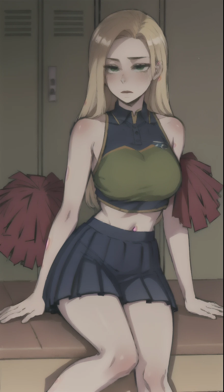 ((1girl)), Generate an illustration of a mature Roll, gym leader of megaman , (red dress), hd, holding  all,  de terno preto, long blonde hair, long ponytail, hair bangs, fringes, shiny hair, (small breasts:1.2), black top, buttons, outfit in anime format with a serious style, sneakers, make up, masterpiece, dark lighting, black background, puffy lips,(slendered abs), beautiful face,