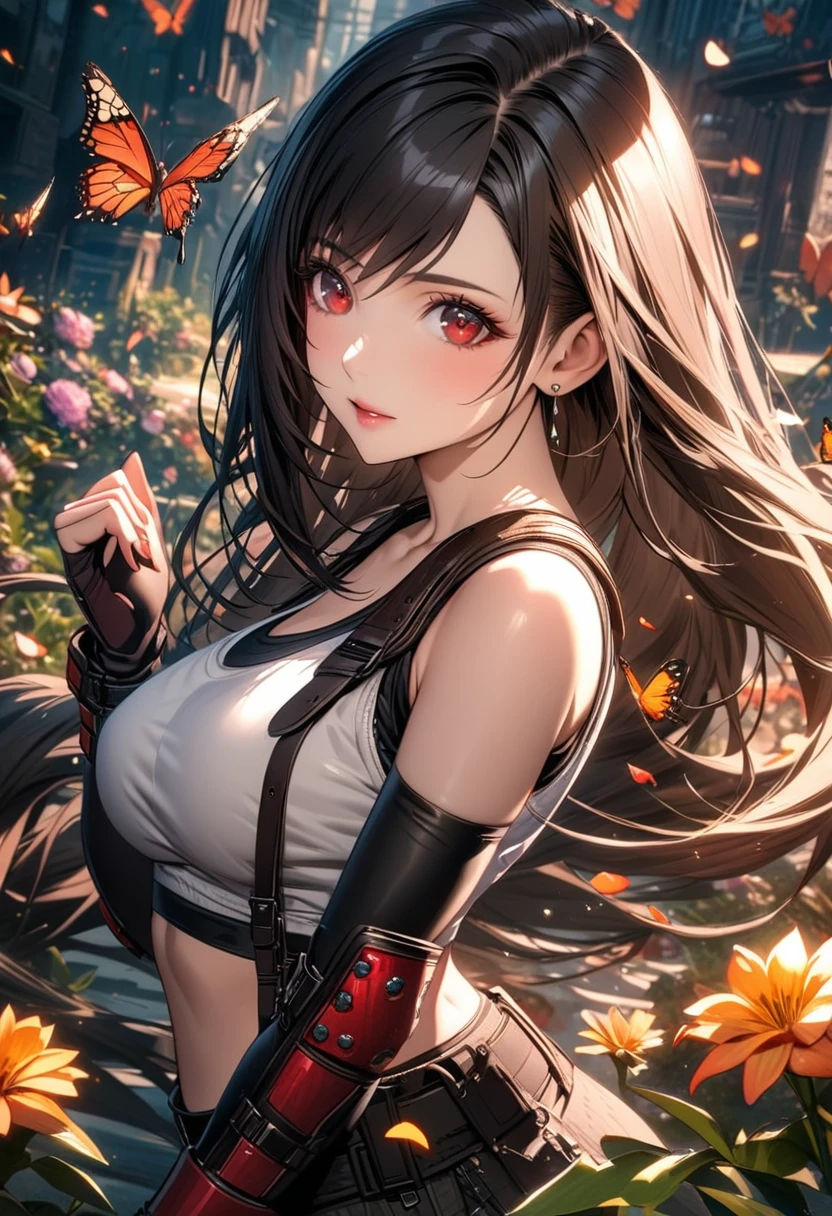 Ultra detailed, Highres, absurdres, HDR, Tifa Lockhart, red eyes, black hair, Final Fantasy VII Remake, extremely beautiful, 1 woman only, very detailed face and eyes, flowers and petals, butterflies,