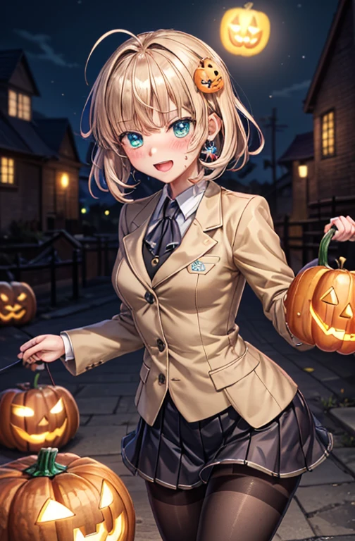 woman,14 years old,,city, ((Science Room)), (((Beige blazer school uniform))),Open mouth smiling, ((There are two stray hairs coming out of my head.)), ((hair ornaments)), ((Baby girl body type)), One girl, Artoria Pendragon,destiny,aphrodisiac,Lie,Things to know,Full of sweat,Wet Area, Areol, defenseless,Embarrassing,Be embarrassed,Knead the milk,Milk is important,Len,Breast milk, Knight King,Noble,ring,既婚woman, Pointing straight up, (highest quality:1.1), (masterpiece:1.4), (Absurd:1.0), Portrait, Close-up, One girl、Momoberia Deviluke、hair ornaments、Beautiful Long Hair、Emerald blue eyeid-chest、Watching the audience、(blush:1.2)、Embarrassed look、Mesh pantyhose、Black background、((Pumpkin lantern)), Striped pattern, ((Has a troubled look)), ((There are Western-style sweets everywhere.)), ((Cute gestures))