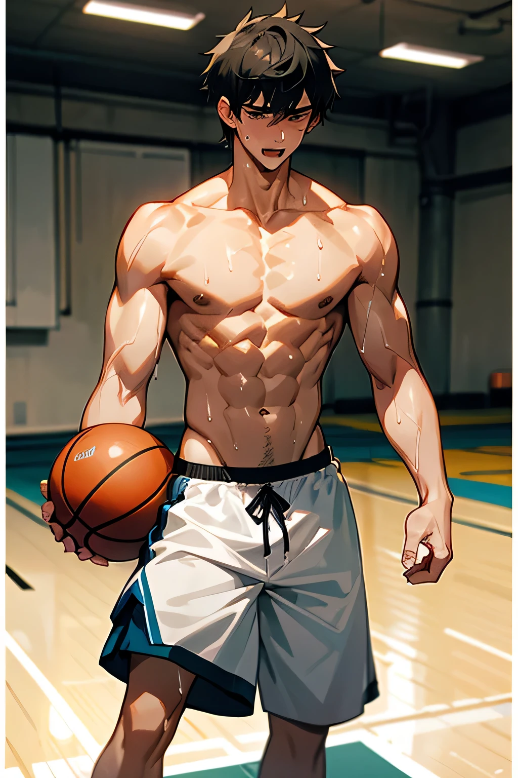shirtless, super muscular, sweat-drenched body, dripping with sweat, 22-year old short black hair handsome caucasian male wearing sweat-drenched white basketball shorts and rubber shoes, panting, very exhausted, drenched with sweat, playing basketball in the indoor setting