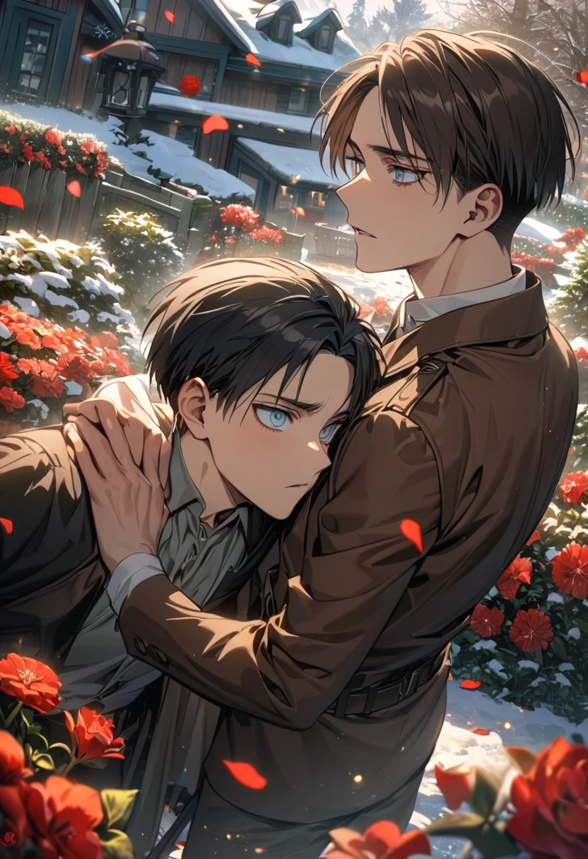 absurdres, highres, ultra detailed, HDR, master piece, best quality, Eren Yeager, brown hair, expressive turquoise eyes, Attack On Titan, Levi Ackerman, black hair, expressive grey eyes, 2men together, gay couple, handsome, winter, garden, red flowers, petals, snowflakes