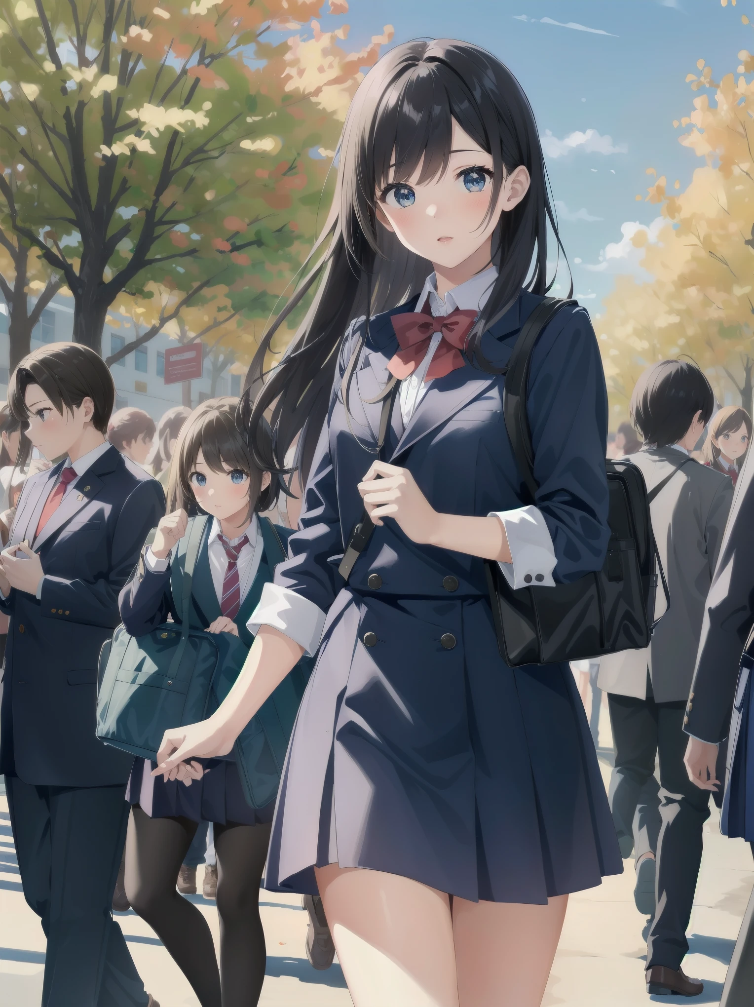 One girl, spring, high school, , warm colours, schoolbag, accurate and very detailed background, crowd of schoolgirls in uniform with various body shapes and hairstyles, cute.
