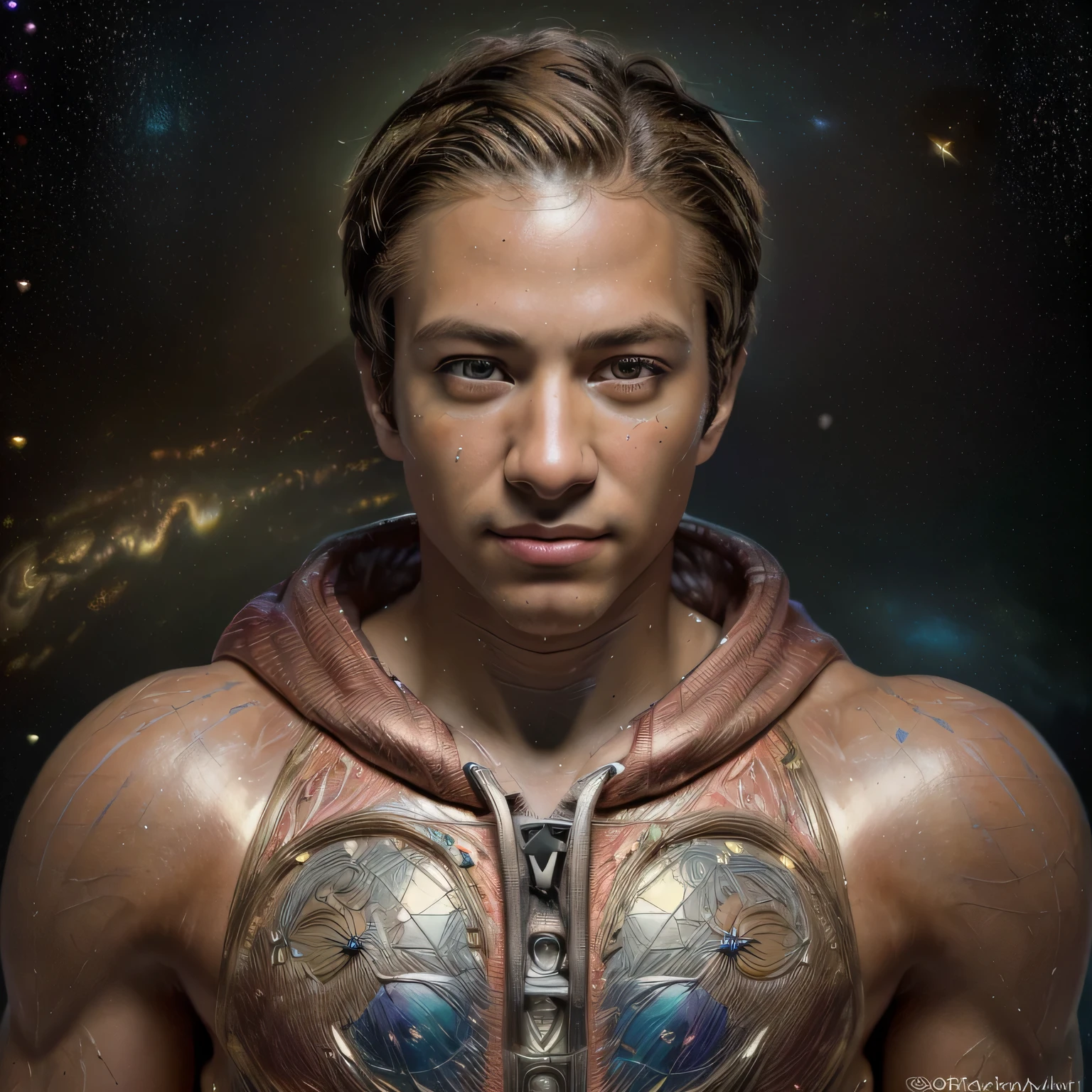 ((ultra realistic), ((masterpiece)) (Full art), (masterpiece), (ultra detailed), (24K), cosmic man, hoodie galaxy, from nowhere, space, magical boy, energies, chakras, high resolution, masterpiece, best quality, intricate details, highly detailed, sharp focus, detailed skin, realistic skin texture, texture, detailed eyes, professional, 4k, charming smile, shot on Canon, 35mm, shallow depth of field, kodak vision color, perfect fit body, extremely detailed, foto_\(ultra\), photorealistic, realistic, post-processing, maximum detail, roughness, real life, ultra realistic, photorealism, photography, 8k uhd, photography