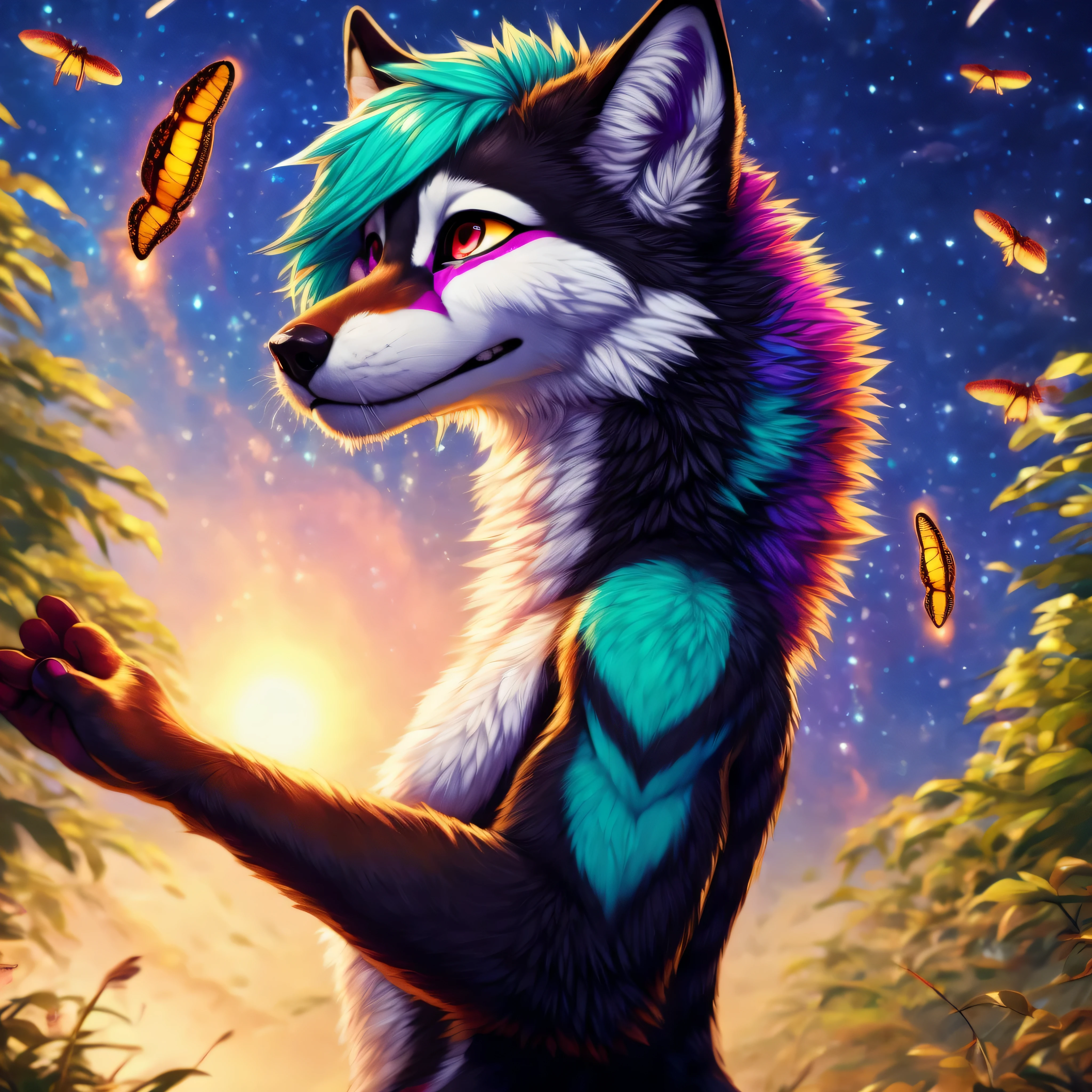 uploaded on e621, (by purplelemons, by kiyosan, by prsmrti, by hioshiru), (solo, female, silver fox, whiskers), (long hair, teal hair), (long tail, fluffy tail), (black sclera:1.3), (red eyes, glowing eyes), ((small breasts)), (muscular:1.3), white fur, (side view), (looking up:2), (breath cloud:1.1), BREAK, ((starry dark sky with galaxies)), ((blue moon)), ((the forest illuminated by the night moonlight)), ((fireflies around the character)), broken glass effect, iridescent and luminescent scales, breathtaking beauty, pure perfection, divine presence, volumetric light, rays, vivid colors reflects, absurd res, rich deep colors, masterpiece, (sharp focus:1.5), energy, light aura, varies multi etc. --v 6 --s 1000 --c 20 --q 5 --chaos 100