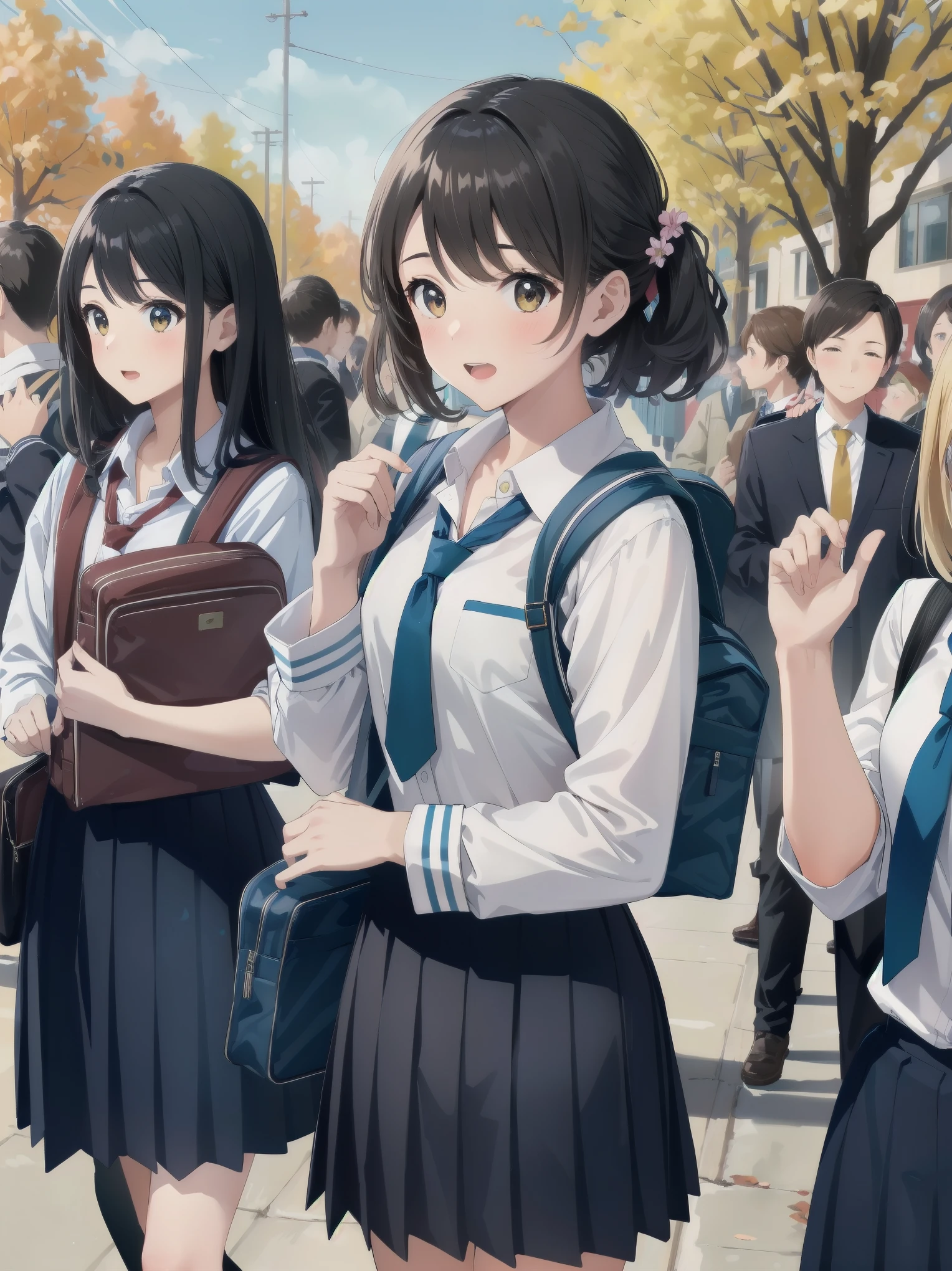 One girl, spring, high school, , warm colours, schoolbag, accurate and very detailed background, crowd of schoolgirls in uniform with various body shapes and hairstyles, cute.