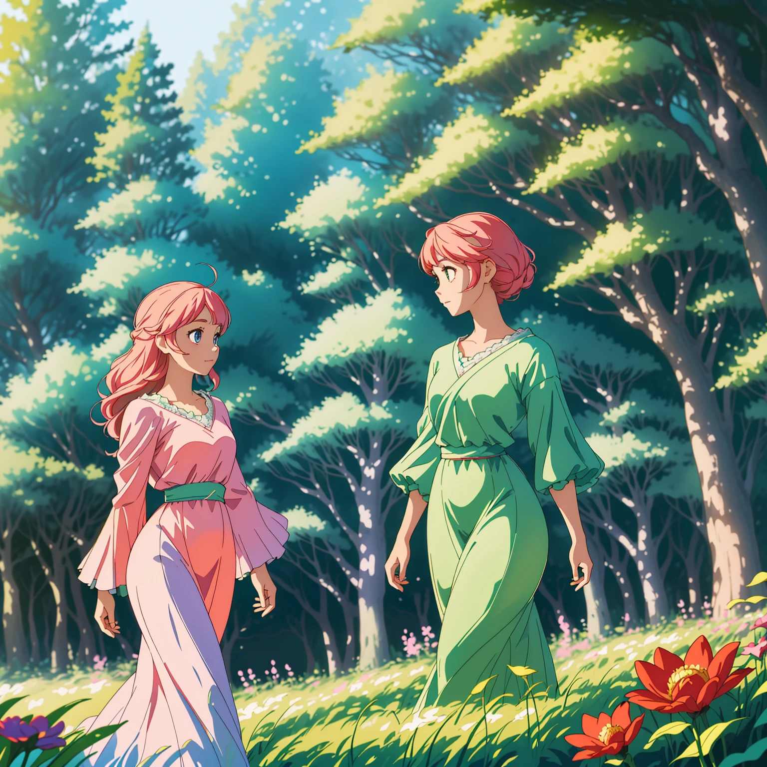 High 8K resolution, capturing details clearly. Studio Ghibli style scene, with a fusion of anime artistic style, whimsy and impressionism. | A dazzlingly beautiful princess walking in a lush forest, her flowing hair has pastel tones. Her face shows a mixture of curiosity and admiration. She wears an elegant, flowing dress, adorned with intricate floral patterns. | The setting is a lush and vibrant fantasy world forest, in the foreground there are colorful flowers, in the midground there are fruits on tall trees, leaves illuminated by the sun creating a soft and ethereal glow. | The scene is composed in a medium shot, highlighting the beauty of the princess, her dress and the magical environment of the forest. The angle is subtly angled to add a touch of charm. | The soft natural light filtered through the trees adds an ethereal quality to the scene, enhancing the beauty of the princess and creating a magical atmosphere. | A princess walking in a fantastic forest.