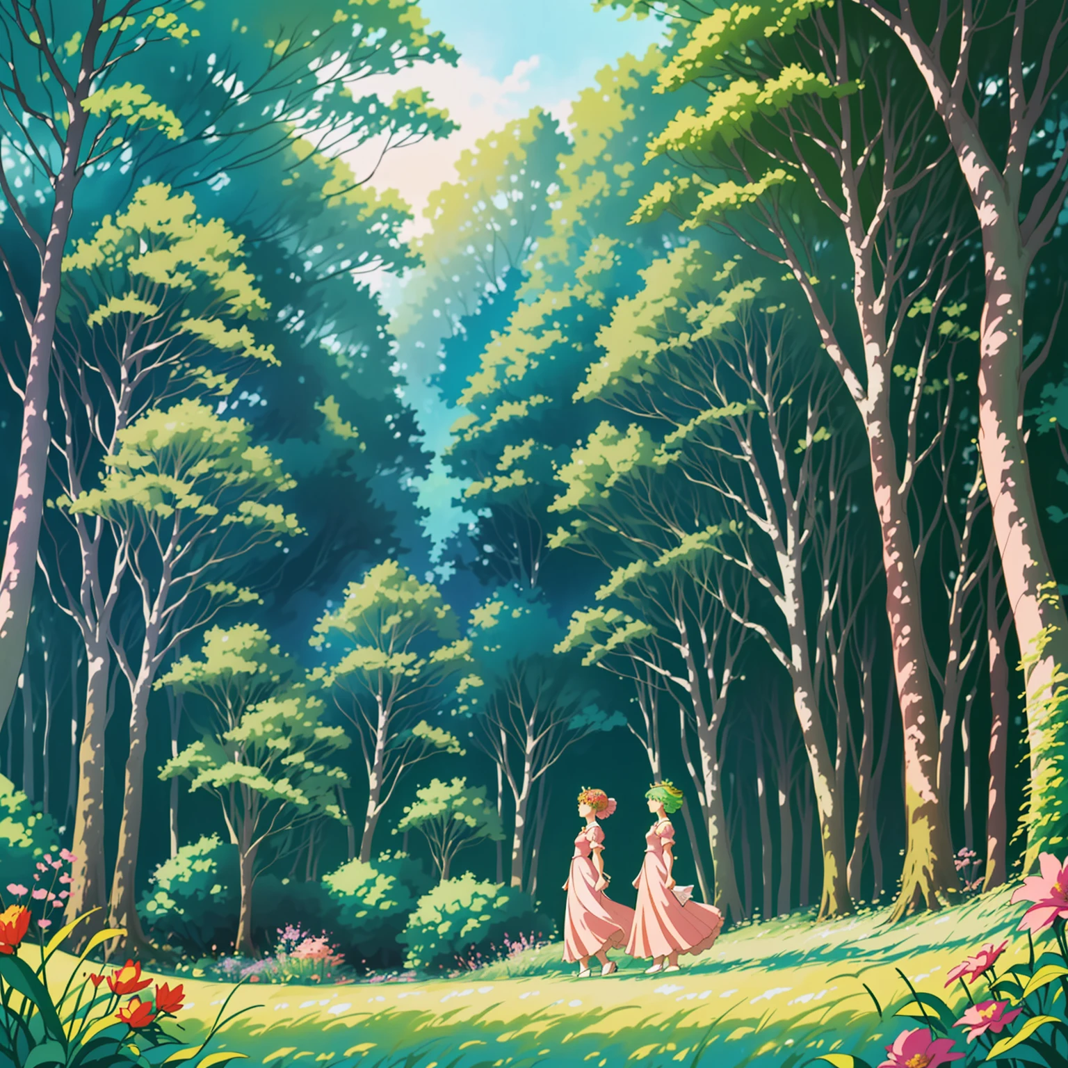 High 8K resolution, capturing details clearly. Studio Ghibli style scene, with a fusion of anime artistic style, whimsy and impressionism. | A dazzlingly beautiful princess walking in a lush forest, her flowing hair has pastel tones. Her face shows a mixture of curiosity and admiration. She wears an elegant, flowing dress, adorned with intricate floral patterns. | The setting is a lush and vibrant fantasy world forest, in the foreground there are colorful flowers, in the midground there are fruits on tall trees, leaves illuminated by the sun creating a soft and ethereal glow. | The scene is composed in a medium shot, highlighting the beauty of the princess, her dress and the magical environment of the forest. The angle is subtly angled to add a touch of charm. | The soft natural light filtered through the trees adds an ethereal quality to the scene, enhancing the beauty of the princess and creating a magical atmosphere. | A princess walking in a fantastic forest.