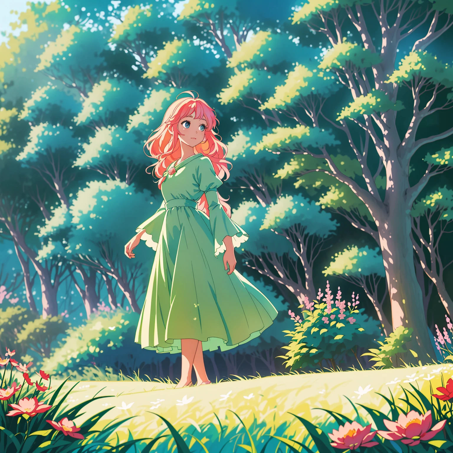 High 8K resolution, capturing details clearly. Studio Ghibli style scene, with a fusion of anime artistic style, whimsy and impressionism. | A dazzlingly beautiful princess walking in a lush forest, her flowing hair has pastel tones. Her face shows a mixture of curiosity and admiration. She wears an elegant, flowing dress, adorned with intricate floral patterns. | The setting is a lush and vibrant fantasy world forest, in the foreground there are colorful flowers, in the midground there are fruits on tall trees, leaves illuminated by the sun creating a soft and ethereal glow. | The scene is composed in a medium shot, highlighting the beauty of the princess, her dress and the magical environment of the forest. The angle is subtly angled to add a touch of charm. | The soft natural light filtered through the trees adds an ethereal quality to the scene, enhancing the beauty of the princess and creating a magical atmosphere. | A princess walking in a fantastic forest.