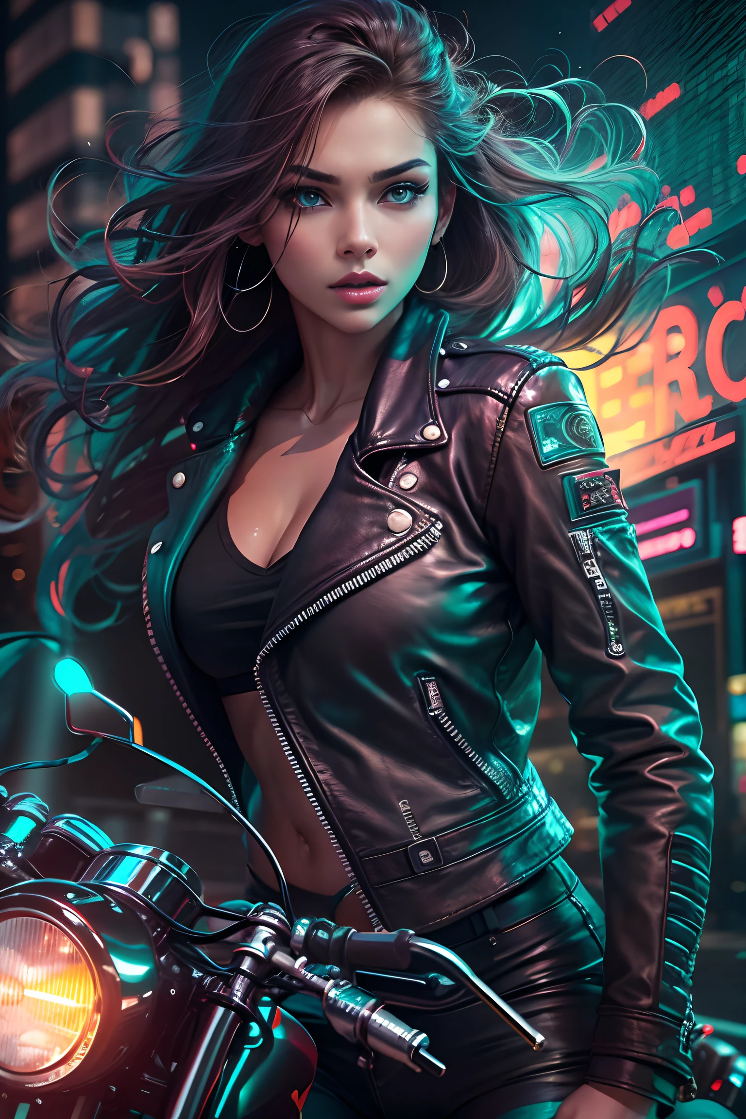 best quality, Couleurs vives, Beautiful detailed eyes, Beautiful detailed lips, cheveux longs flottant au vent, tenue sexy avec veste en cuir et jean moulant, Expression féroce et confiante, conduire une moto puissante, urban background with neon lights, ambiance cool et rebelle, cinema lighting, composition intense et dynamique, ombres dramatiques, high speed motion effect, smoke'échappement de moto, an energy filled with'adrenaline