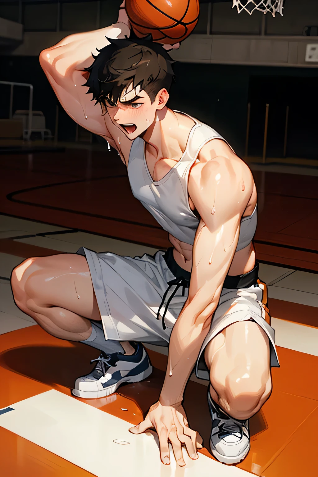 shirtless, super muscular, sweat-drenched body, dripping with sweat, 22-year old short black hair handsome caucasian male wearing sweat-drenched white basketball shorts and rubber shoes, panting, very exhausted, drenched with sweat, playing basketball in the indoor setting